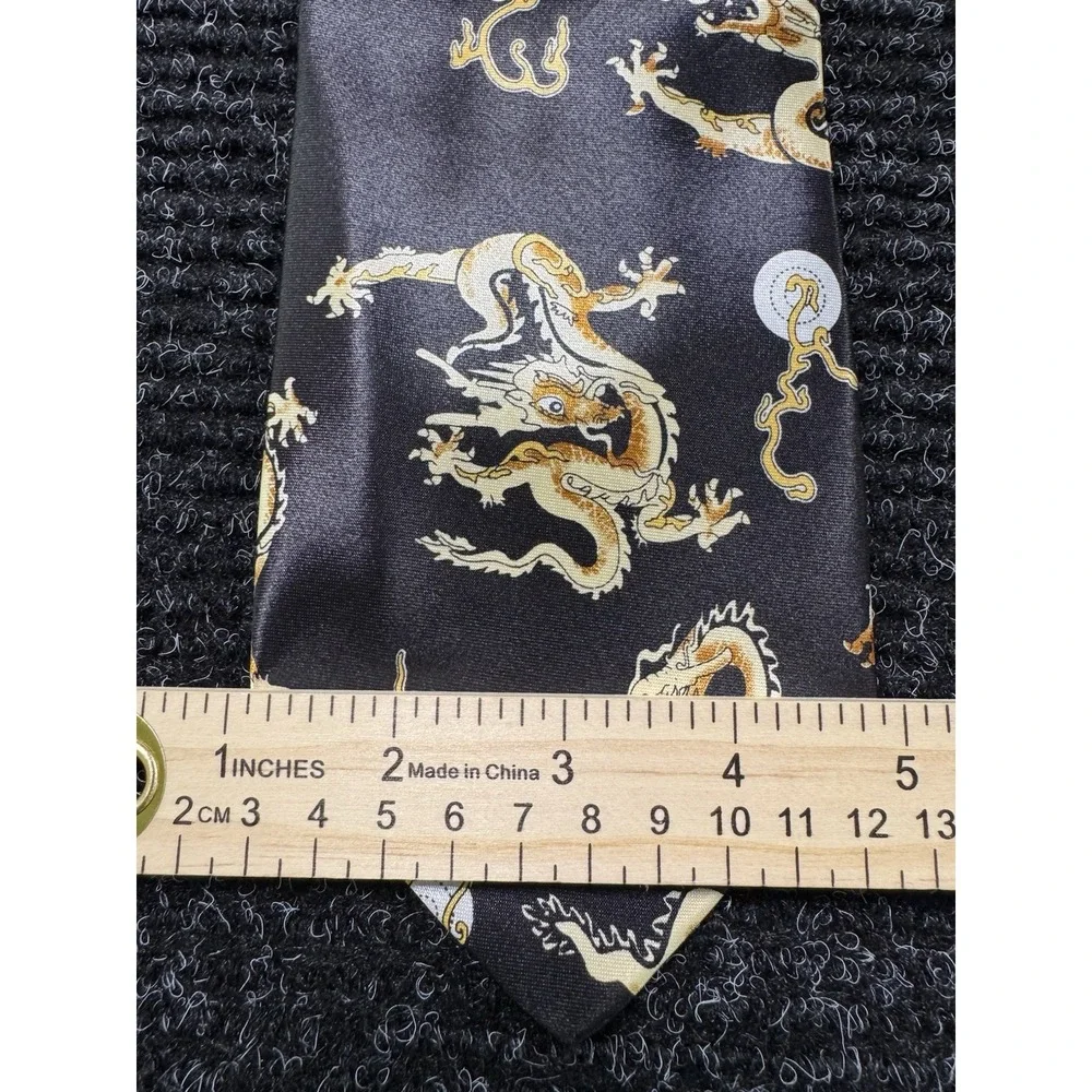Kai Long Mens Silk Tie Black Gold Chinese Dragon 100% Silk Handmade